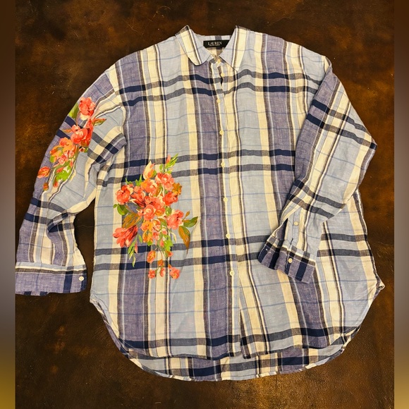 Ralph Lauren Tops - Ralph Lauren Blue Plaid Shirt with Floral Accents